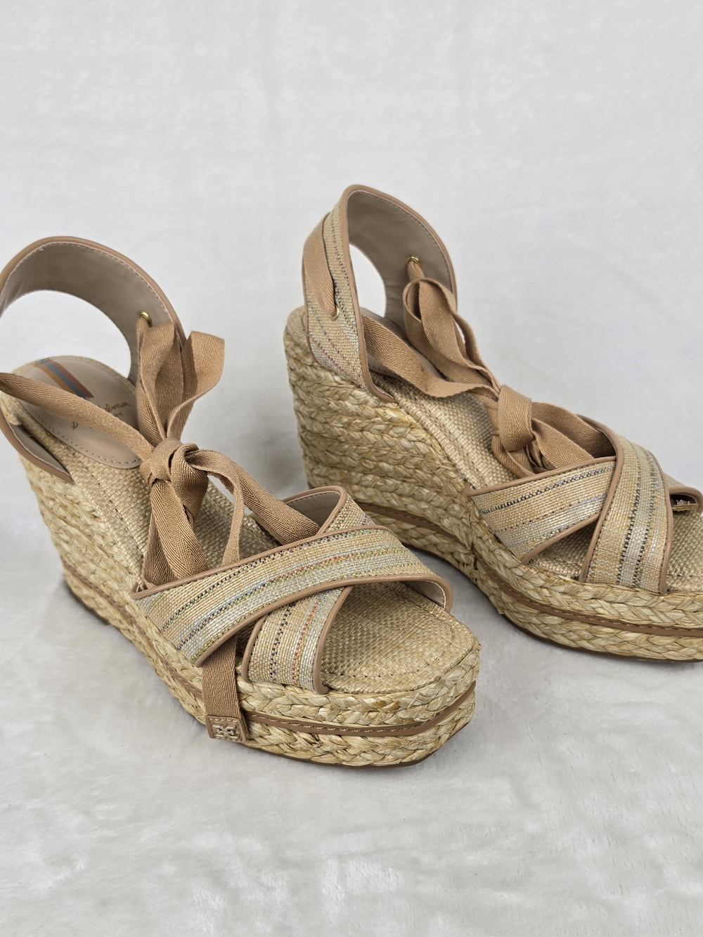 Sam Edelman Vaughn Espadrille Wedge Sandals Womens 9.5 Tan Gold Ankle Tie - Picture 5 of 8
